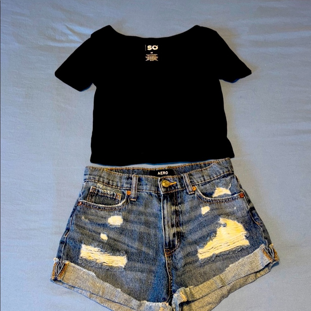 Black Crop Top and Distressed Denim Shorts